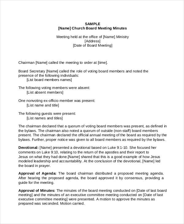 church board of directors meeting minutes template