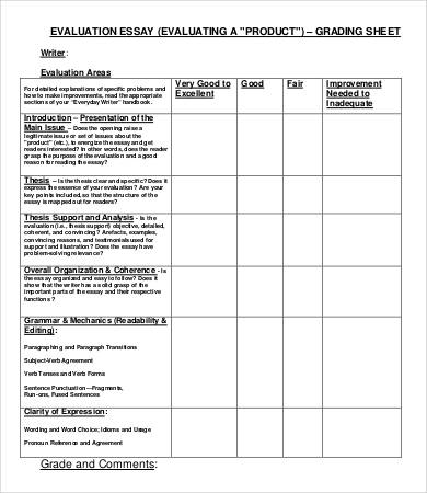 evaluation essay grading sheet