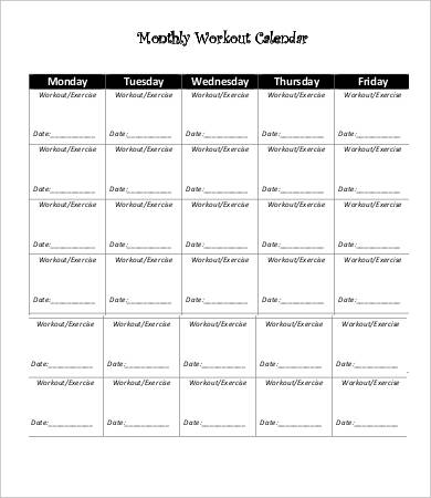 7 Workout Calendar Templates Free Sample Example Format