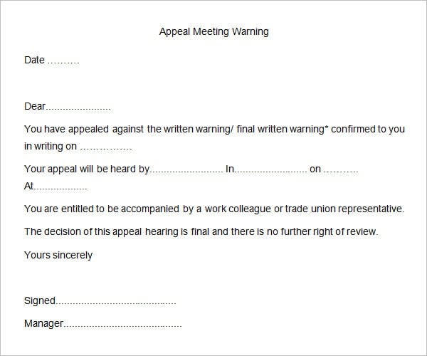 appeal meeting warning letter template min