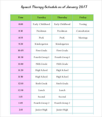 speech therapy schedule template