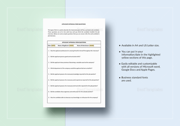applicant appraisal form questions template