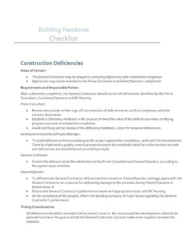 building handover construction deficiencies checklist