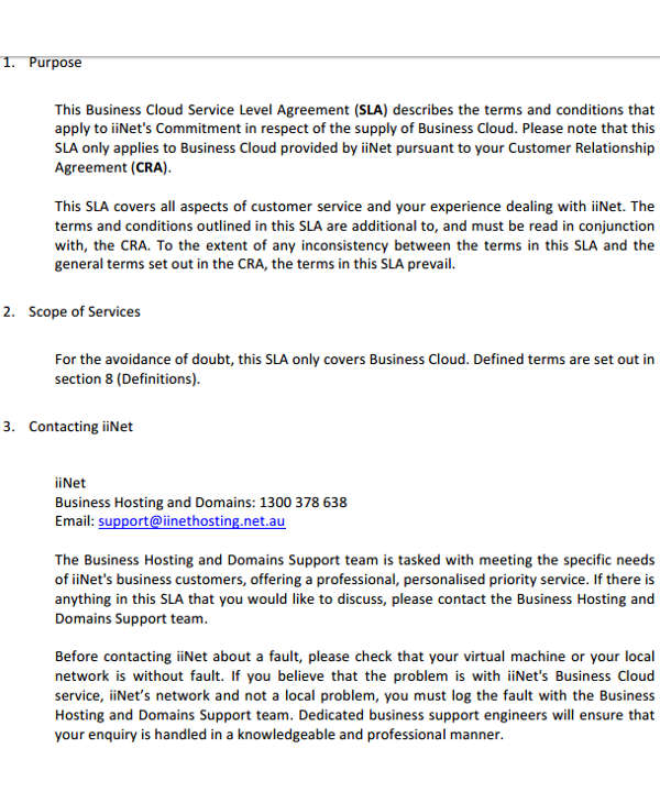 Business cloud service level agreement page showing purpose scope and customer support contact details