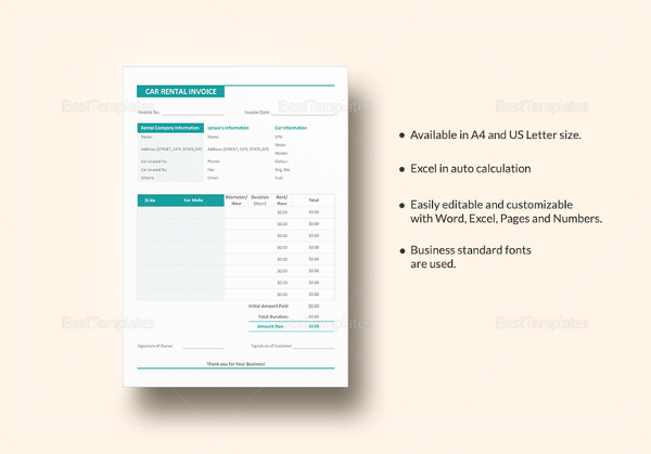 car rental bill format in word free download