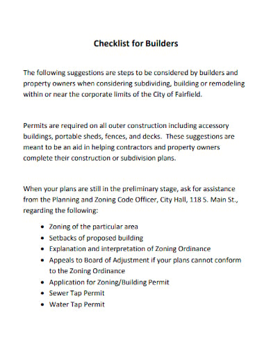 checklist for builders construction