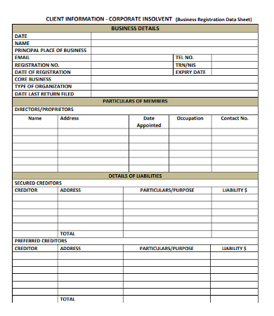 client information corporate insolvent data sheet