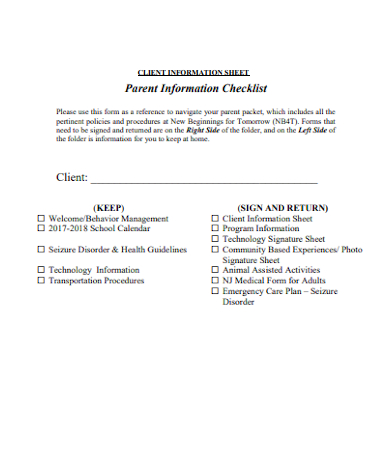 client parent information sheet checklist