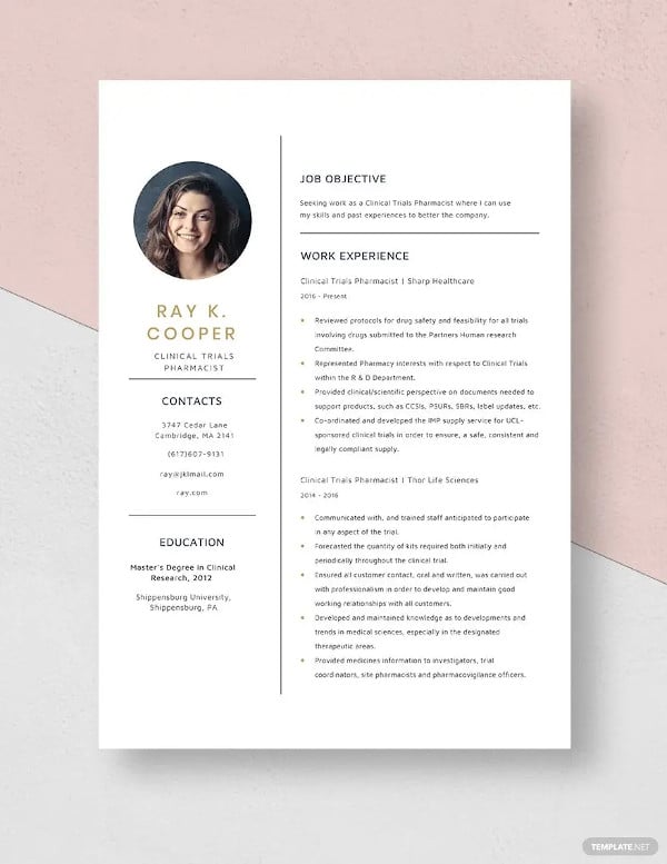 clinical trial pharmacist resume template