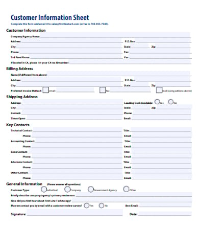 customer or client information sheet