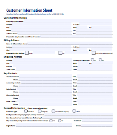 customer or client information sheet