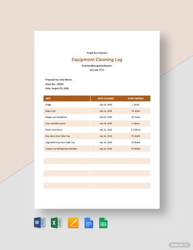 equipment cleaning log template
