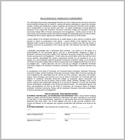 example hold harmless agreement template