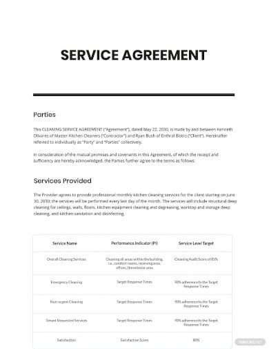 free cleaning service level agreement template