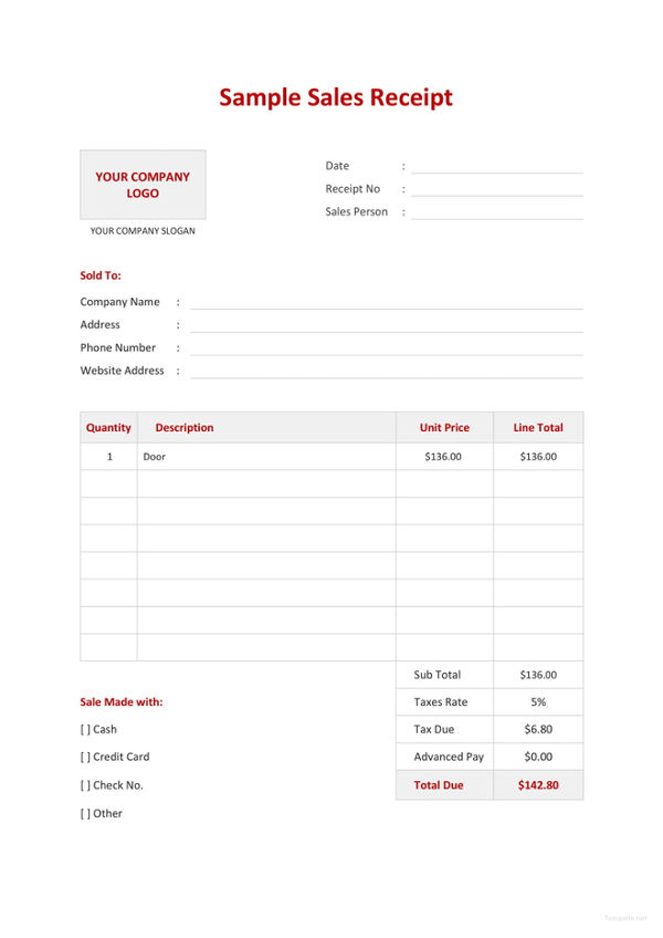 samples of sales receipts