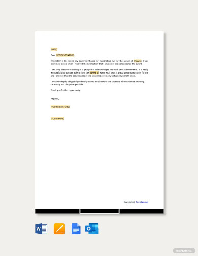 free thank you letter for award nomination template