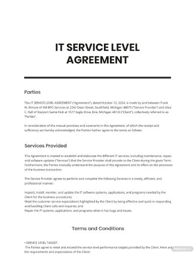 it service level agreement template