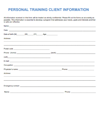 personal training client information sheet