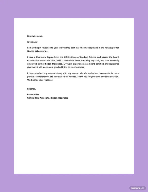 pharmacist resume cover letter template