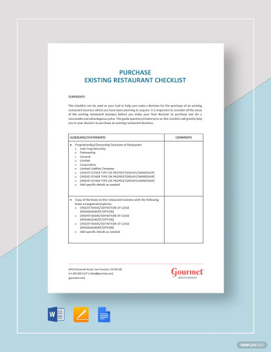 purchase existing restaurant checklist template