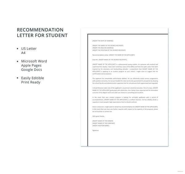 recommendation letter for student template