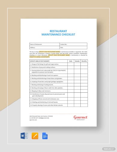 restaurant maintenance checklist template