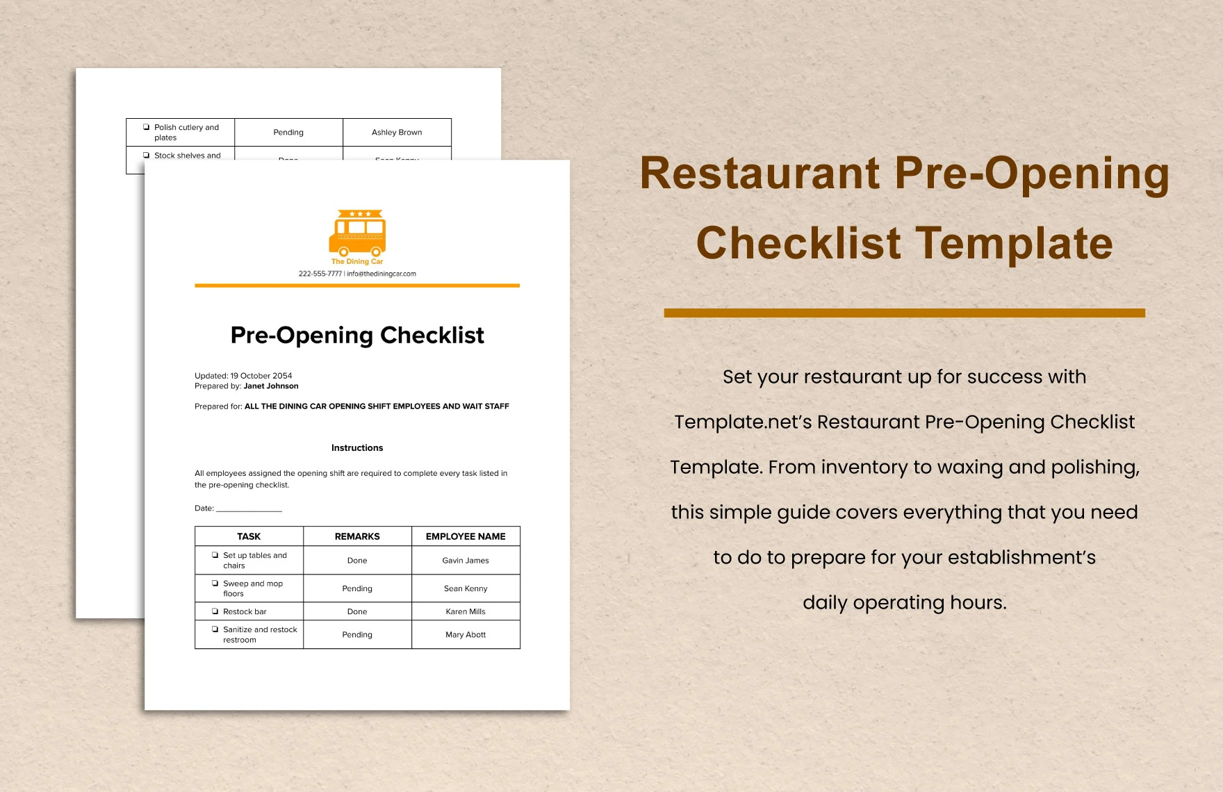 restaurant pre opening checklist template