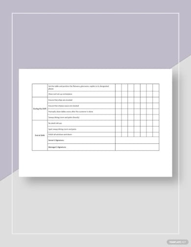 restaurant server sidework checklist template