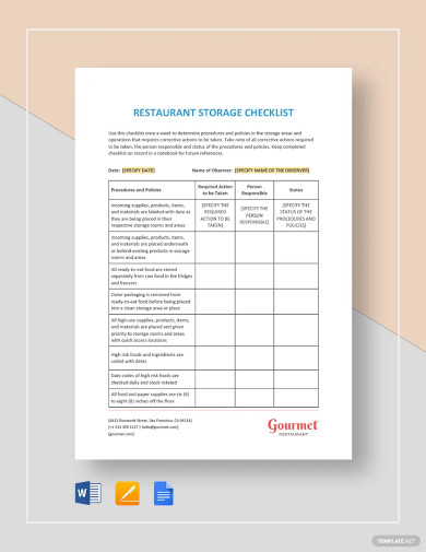 restaurant storage checklist template
