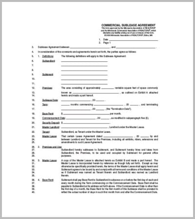sample commercial sublease agreement template
