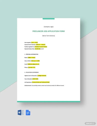 sample freelancer job application form template