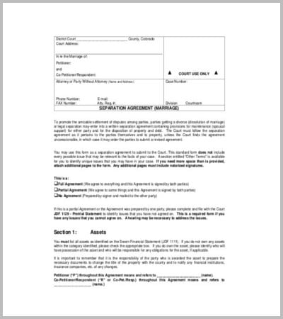 sample marriage separation agreement template