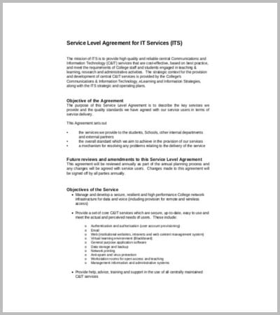 sample service level agreement for it services