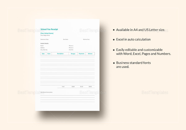 school fee receipt template