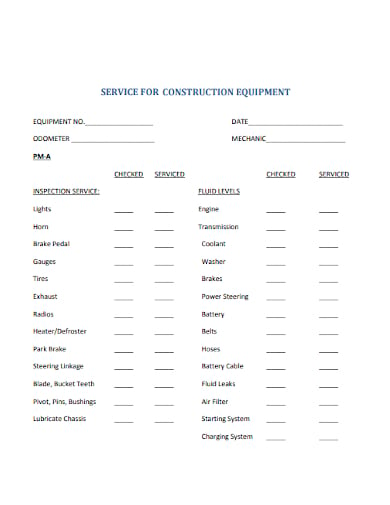 service for construction equipment checklist