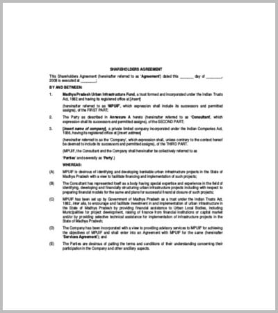 shareholders agreement template in pdf