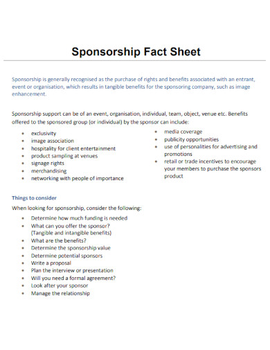 sponsorship one fact sheet template
