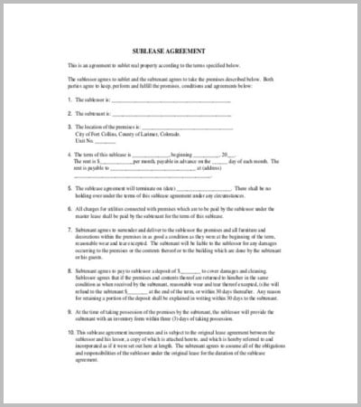 sublease agreement form template in pdf