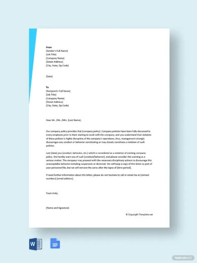 warning letter for violation of company policy template