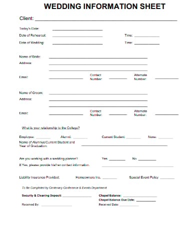 wedding office client information sheet