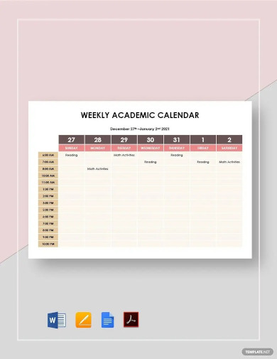 weekly academic calendar template