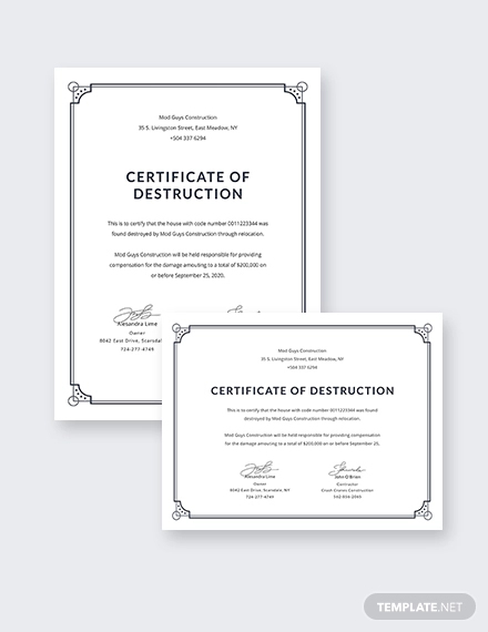 certificate of destruction
