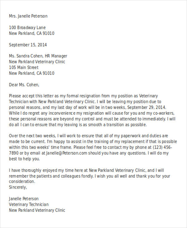 Formal Resignation Letter Doc from images.template.net