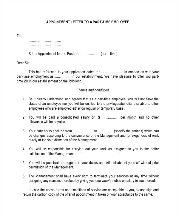 sample of appointment letter for part time employee