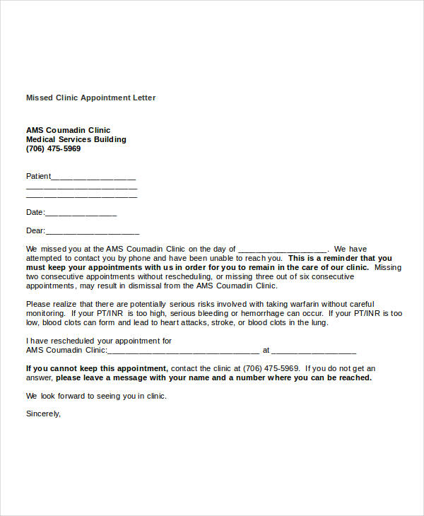 missed clinic appointment letter template