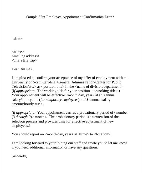 employee appointment confirmation letter sample