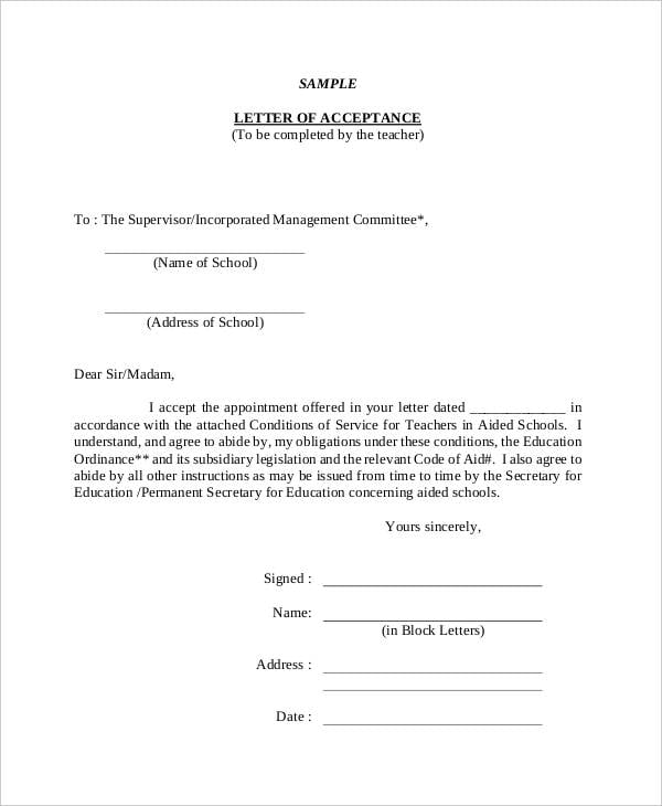 teacher appointment acceptance letter template
