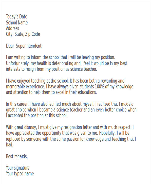 teacher resignation letter for personal reason