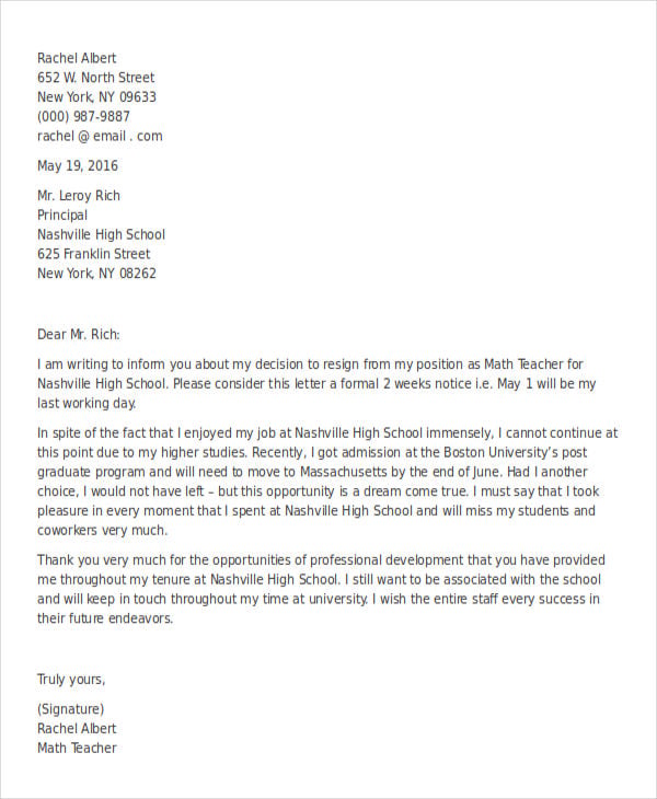 resignation letter format for school teacher