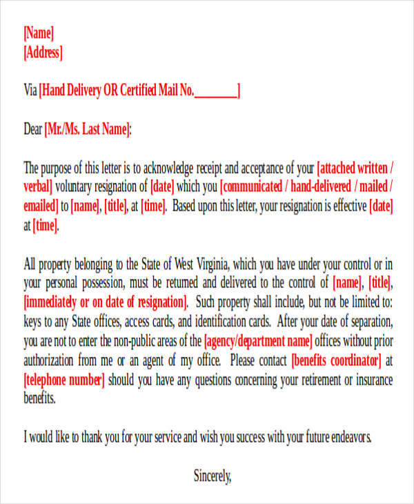 request for resignation acceptance letter